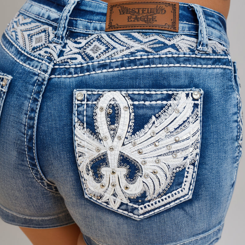Westfield Eagle Women’s Embroidered Stretchy Denim Shorts. Low Rise Studded Shorts with Rhinestones - Boutique of Leathers/Open Road