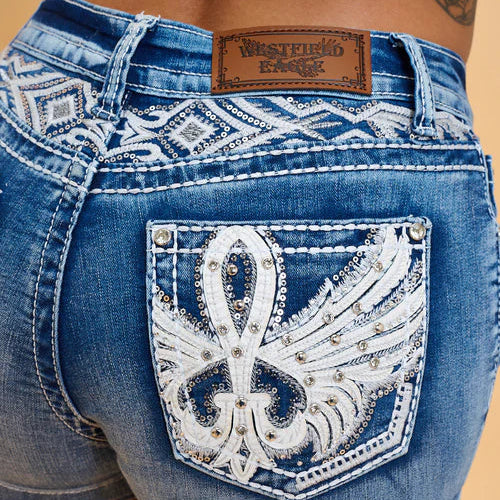 Westfield Eagle Women’s Embroidered Stretchy Denim Shorts. Low Rise Studded Shorts with Rhinestones