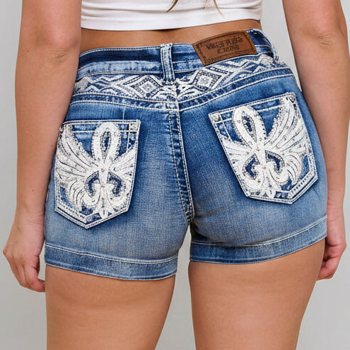 Westfield Eagle Women’s Embroidered Stretchy Denim Shorts. Low Rise Studded Shorts with Rhinestones - Boutique of Leathers/Open Road