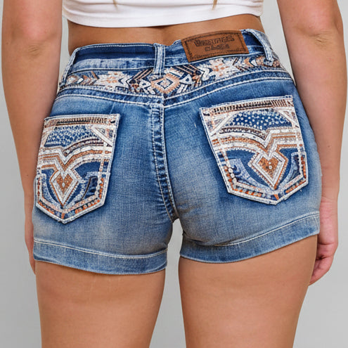 Westfield Eagle Women’s Embroidered Stretchy Denim Shorts. Low Rise Rhinestone & Sequin - Boutique of Leathers/Open Road