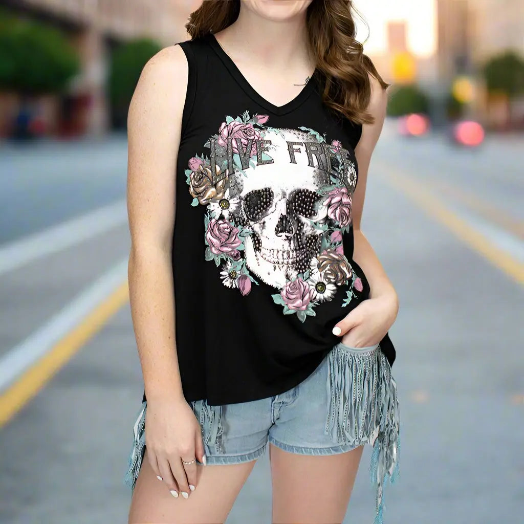 Live Free Skull & Floral Print Tank with Lace and Cut-Out Back Details Women's Shirts & Tees Boutique of Leathers/Open Road