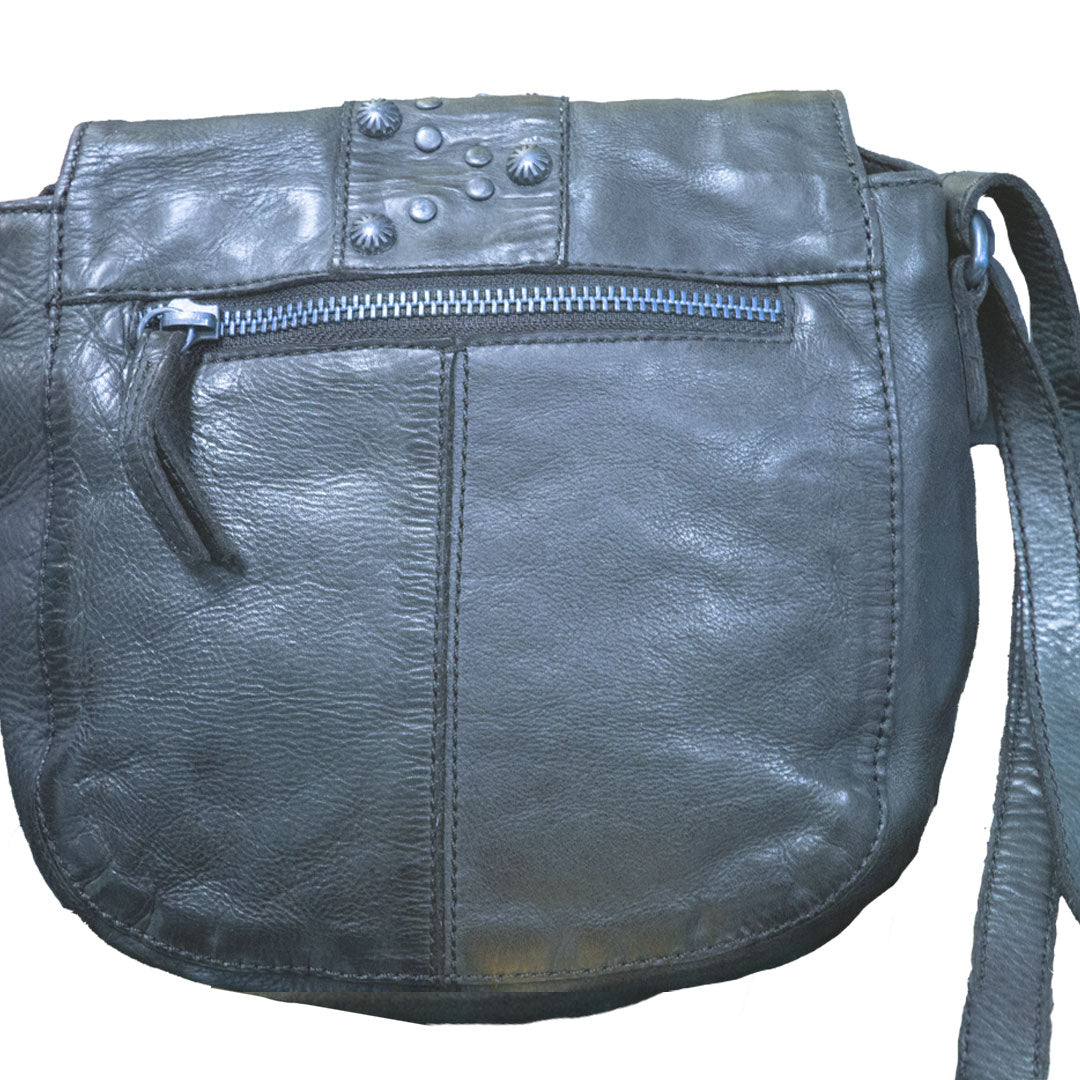 BOL Women's Leather Crossbody with Zig-Zag Studs Saddle Bag