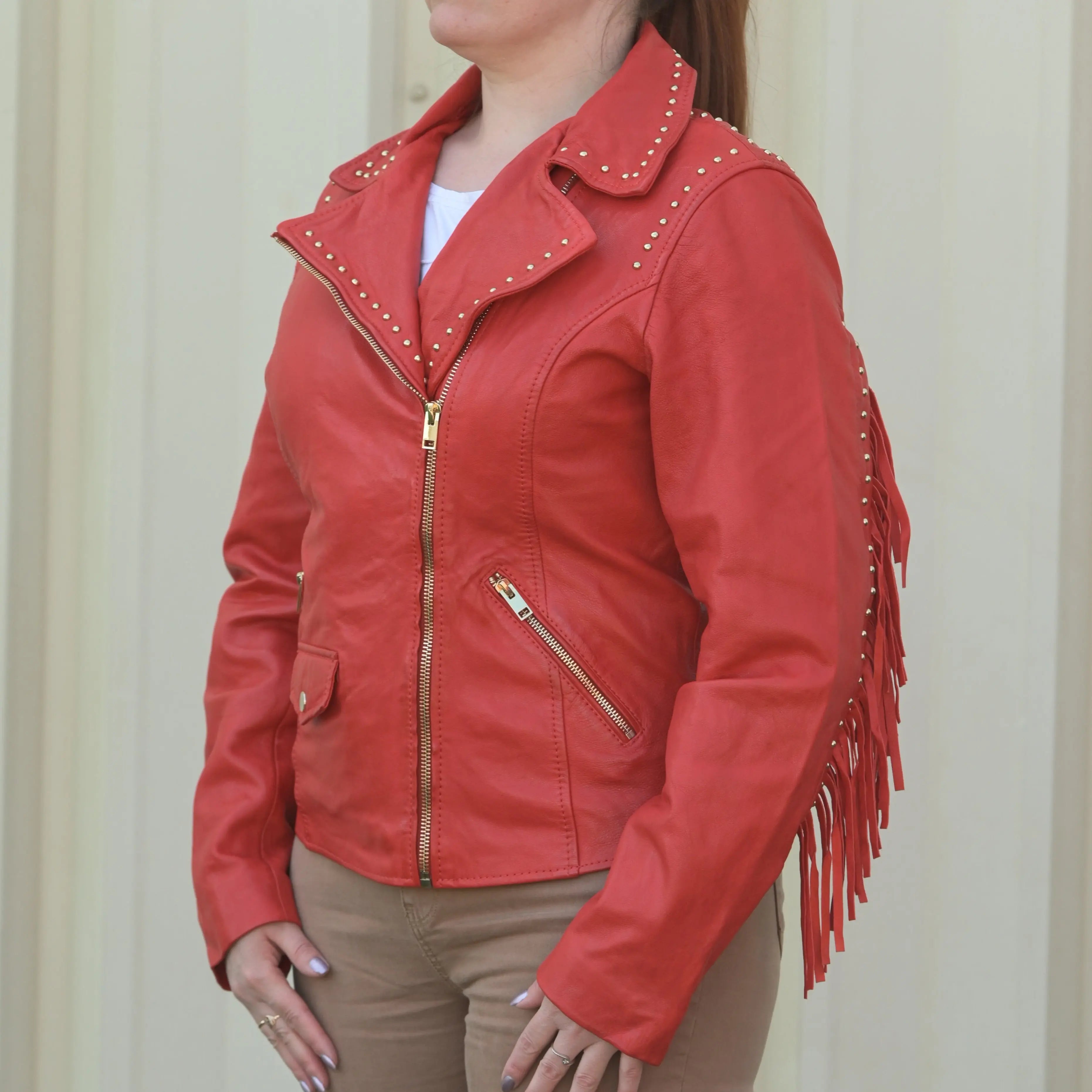 Women's Studded Leather Jacket with Removable Fringe - Boutique of Leathers/Open Road