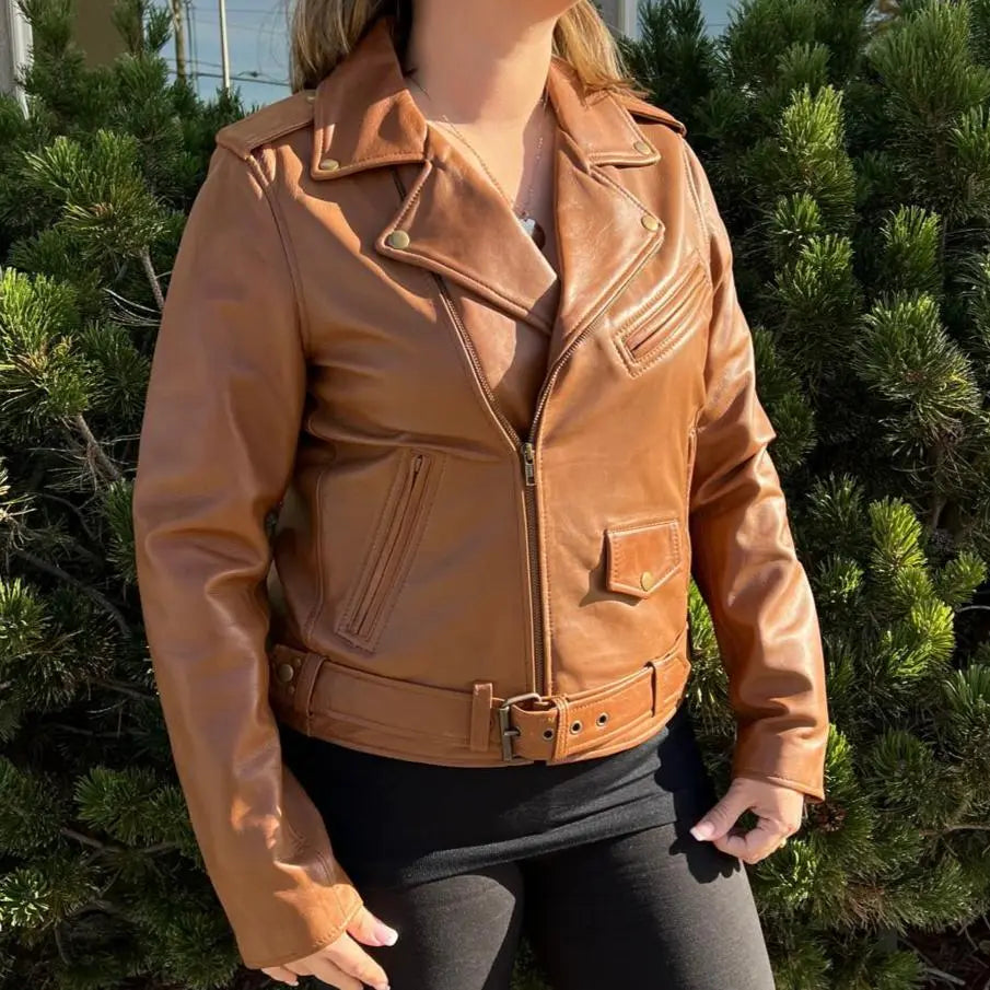 Women's Lamb Leather Biker Style Jacket with Belt - Boutique of Leathers/Open Road