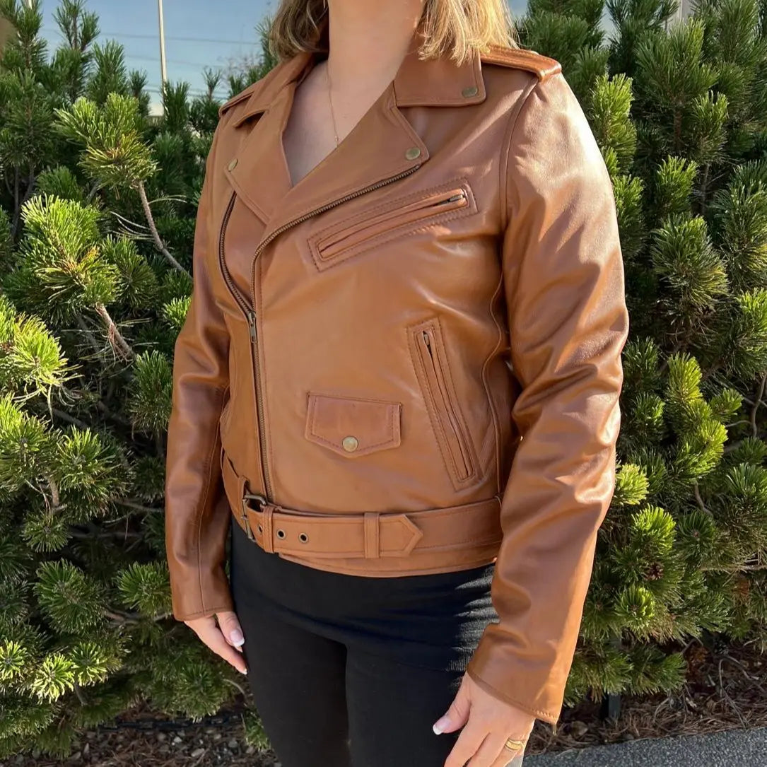 Women's Lamb Leather Biker Style Jacket with Belt - Boutique of Leathers/Open Road