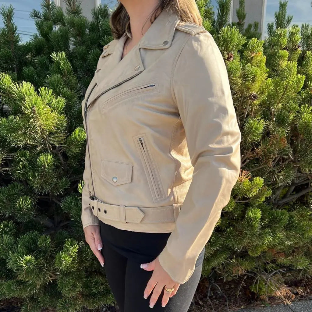 Women's Lamb Leather Biker Style Jacket with Belt - Boutique of Leathers/Open Road