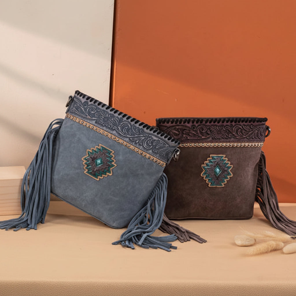 Montana West Tooled Aztec Concho Crossbody. Western Fringe Bag with Floral Strap