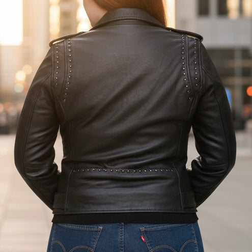 BOL Women’s Nova Leather Moto Jacket. Shadow Chrome Studded Biker Jacket with Waist Belt