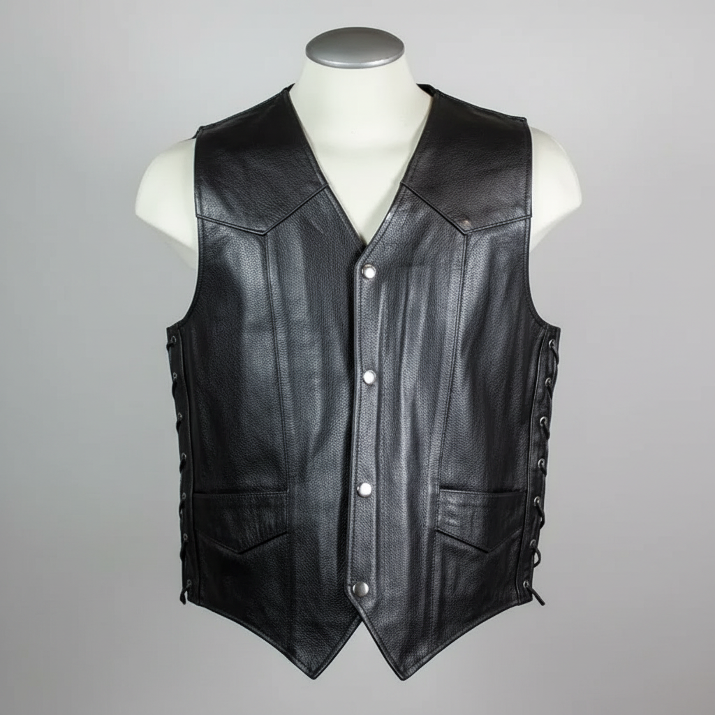 Men’s Buffalo Leather Biker Vest. Adjustable Side Lace Vest - Boutique of Leathers/Open Road