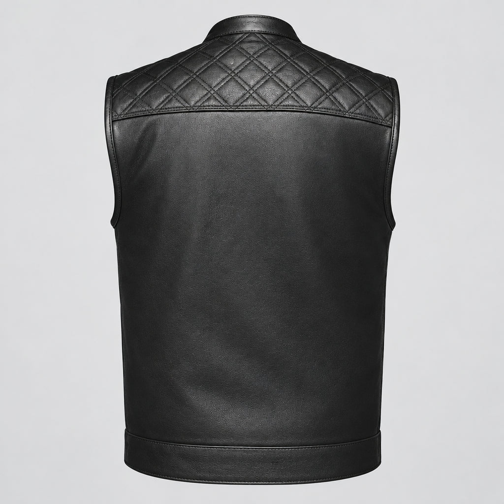Black leather vest with quilted back design on a white background