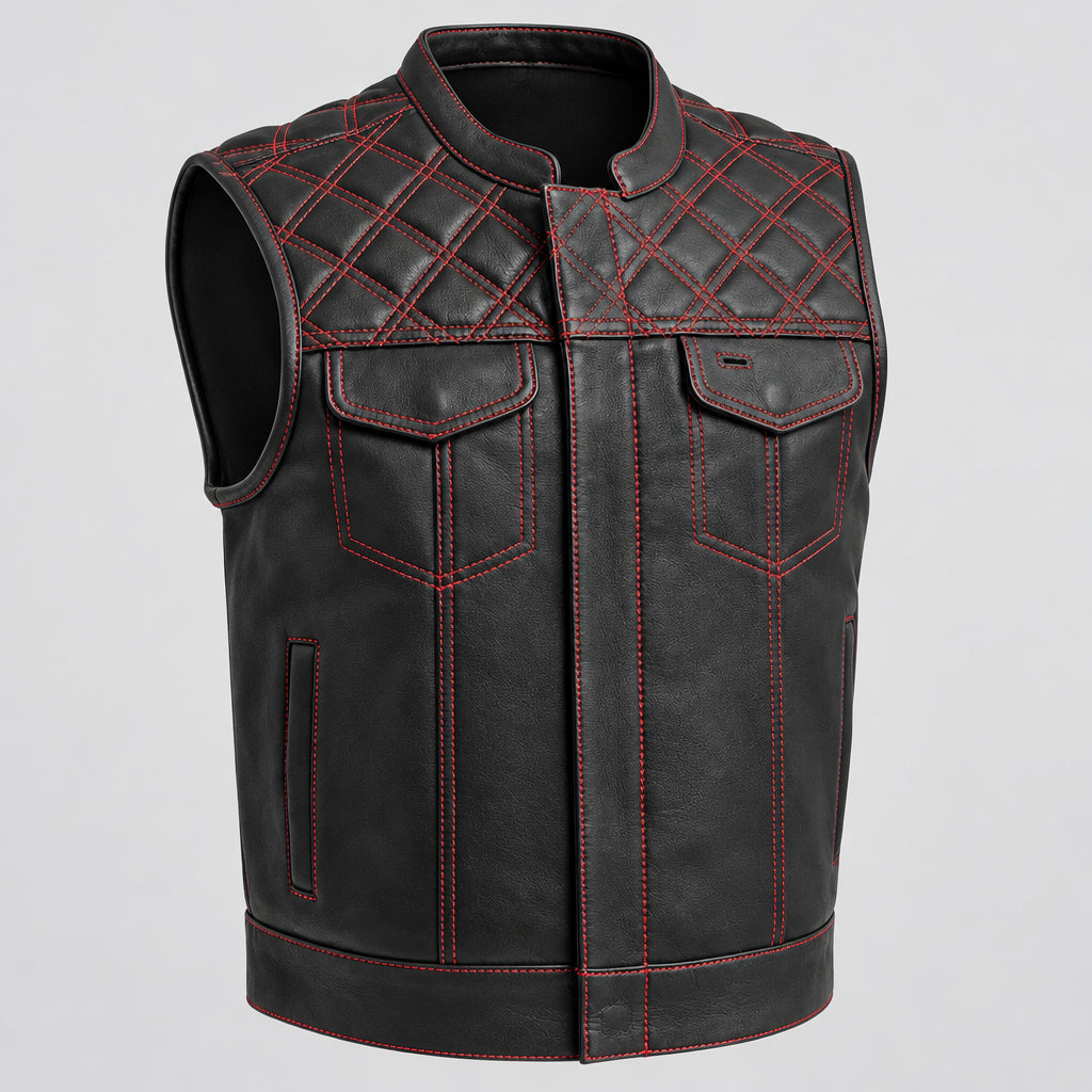 Open Road Men's Upside Leather with Red Stitched Diamonds Vest Men's Vests Boutique of Leathers/Open Road