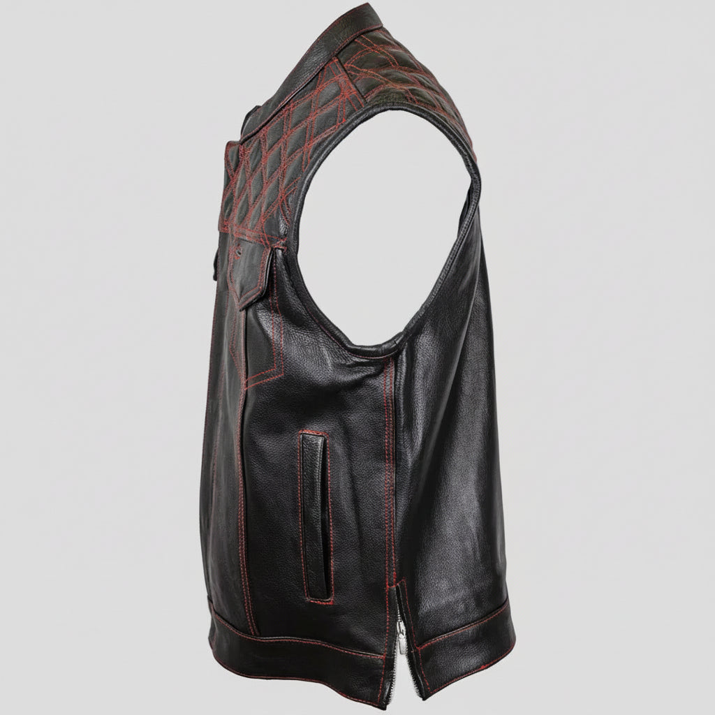 Open Road Men's Upside Leather with Red Stitched Diamonds Vest Men's Vests Boutique of Leathers/Open Road