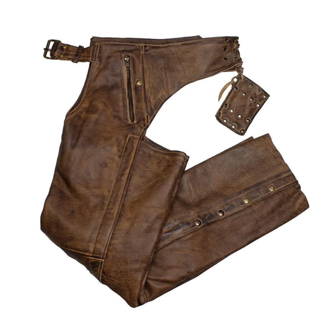 Open Road Men's Vintage Brown 4 Pocket Premium Leather Chaps Men's Motorcycle Pants & Chaps Boutique of Leathers/Open Road
