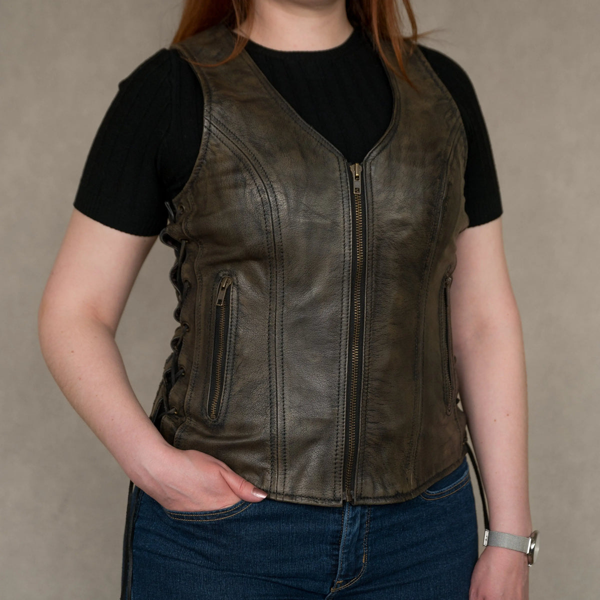 Open Road Women's Distressed Brown Vest Women's Vests Boutique of Leathers/Open Road