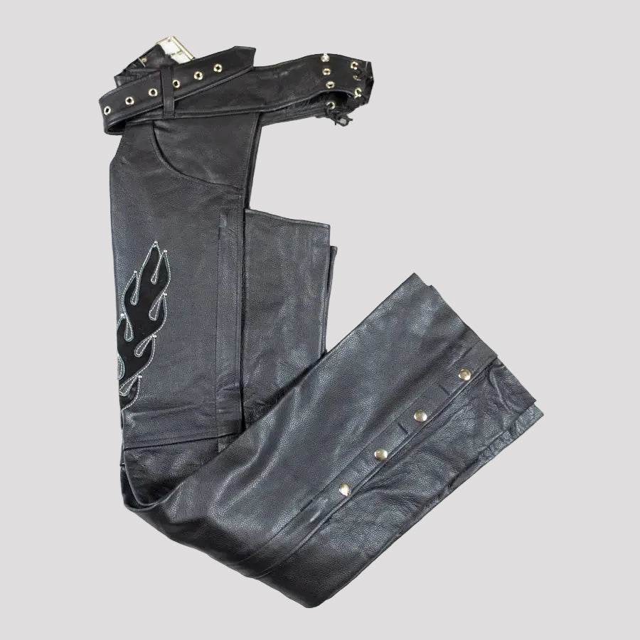 Open Road Women's Flame Inlay Premium Leather Chaps - Boutique of Leathers/Open Road