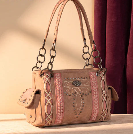 Montana West Cut-Out Embroidered Satchel. Suede-Feel Western Bag with Aztec Concho
