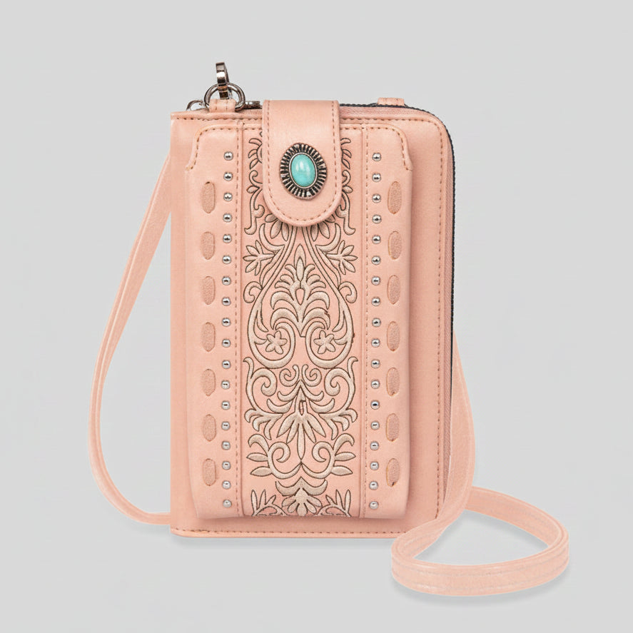 Montana West Embroidered Phone Wallet. Western Crossbody Cell Phone Bag with Turquoise Concho