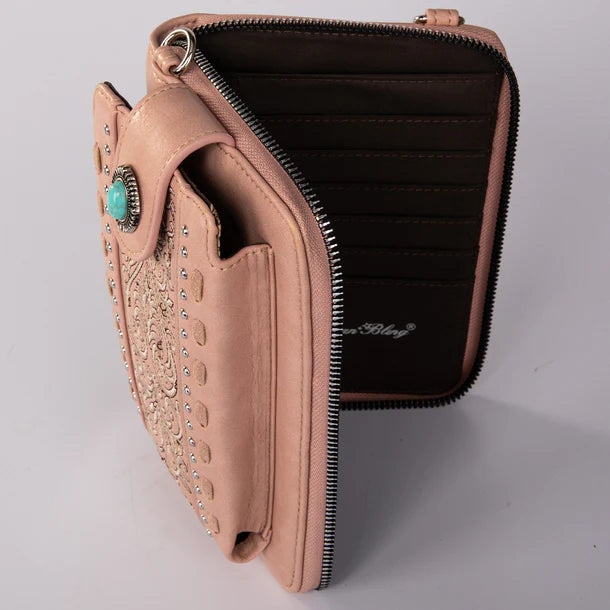 Montana West Embroidered Phone Wallet. Western Crossbody Cell Phone Bag with Turquoise Concho