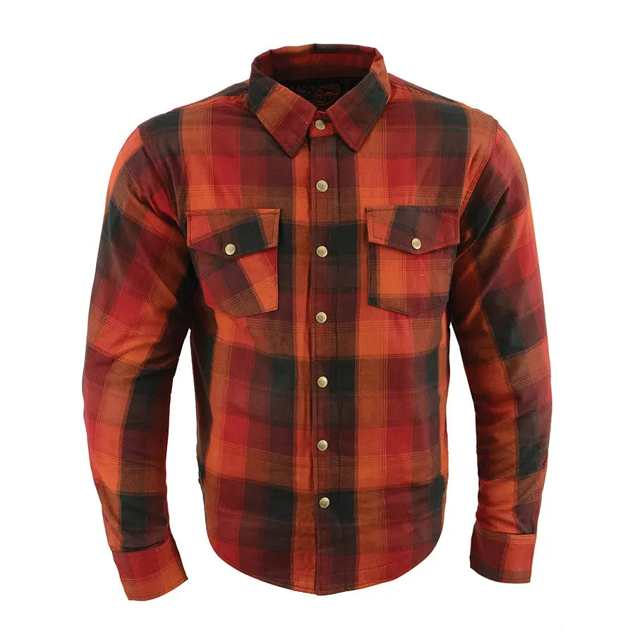 Milwaukee Leather Men's Red & Orange Armored Flannel Biker Shirt w/ Reinforced Fibers Men's Armoured Shirts Boutique of Leathers/Open Road
