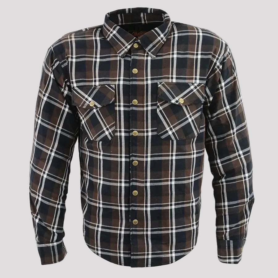 Milwaukee Leather Men's Brown Checkered Armored Flannel Biker Shirt w/ Reinforced Fibers Men's Armoured Shirts Boutique of Leathers/Open Road