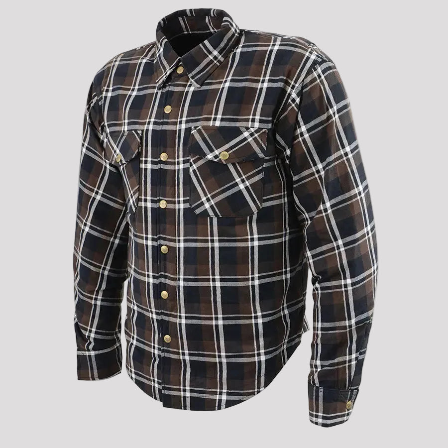 Milwaukee Leather Men's Brown Checkered Armored Flannel Biker Shirt w/ Reinforced Fibers Men's Armoured Shirts Boutique of Leathers/Open Road