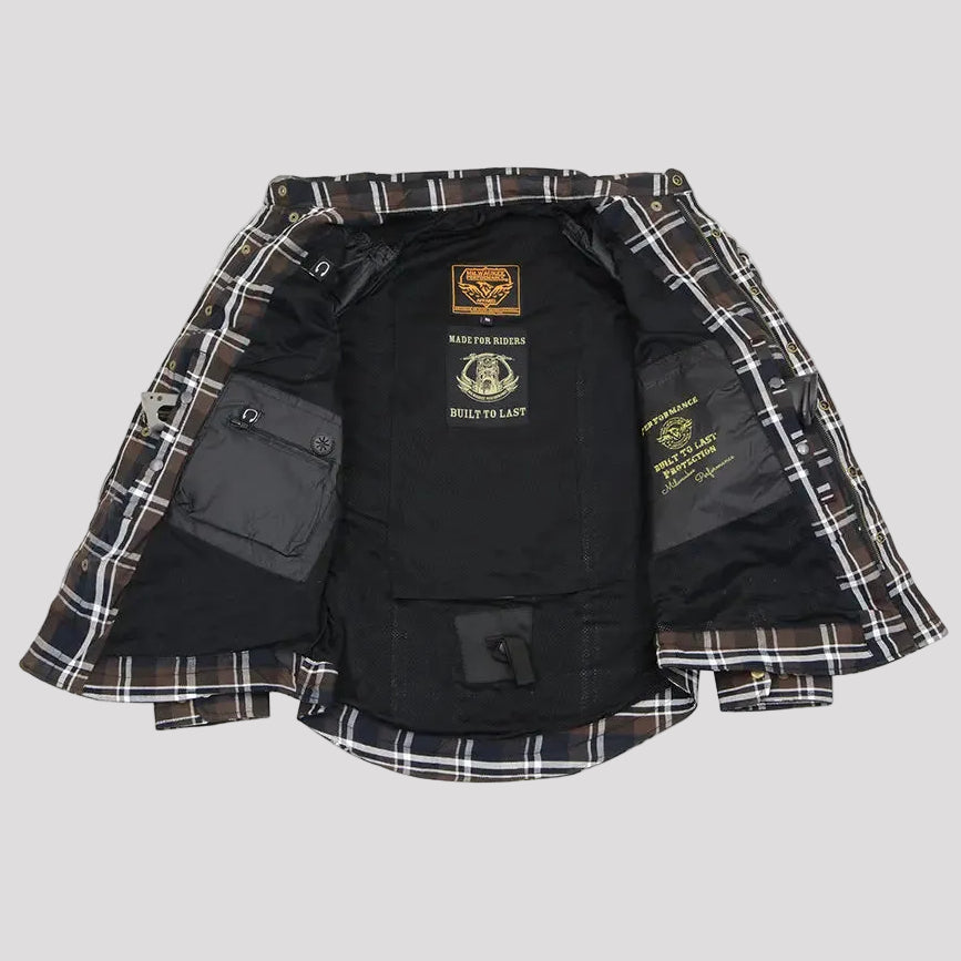 Milwaukee Leather Men's Brown Checkered Armored Flannel Biker Shirt w/ Reinforced Fibers Men's Armoured Shirts Boutique of Leathers/Open Road