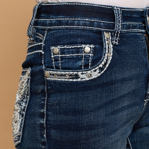 Skull Rider Women’s Bootcut Motorcycle Bling Jeans. High Waisted Embroidered Western Denim
