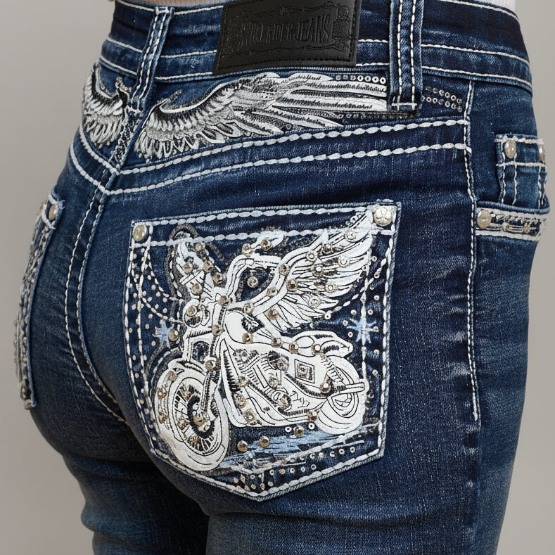 Skull Rider Women’s Bootcut Motorcycle Bling Jeans. High Waisted Embroidered Western Denim - Boutique of Leathers/Open Road
