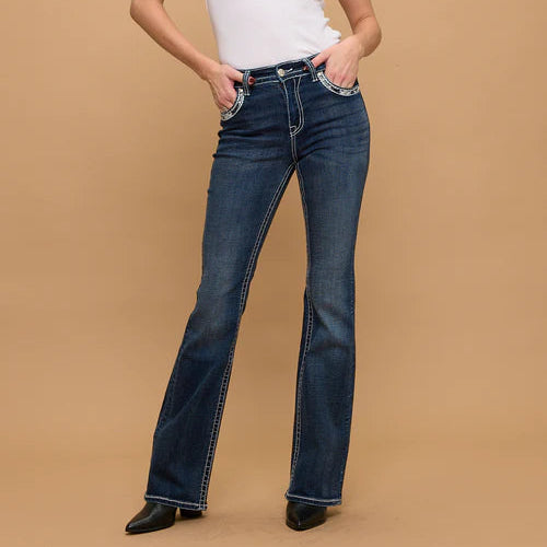 Skull Rider Women’s Bootcut Motorcycle Bling Jeans. High Waisted Embroidered Western Denim