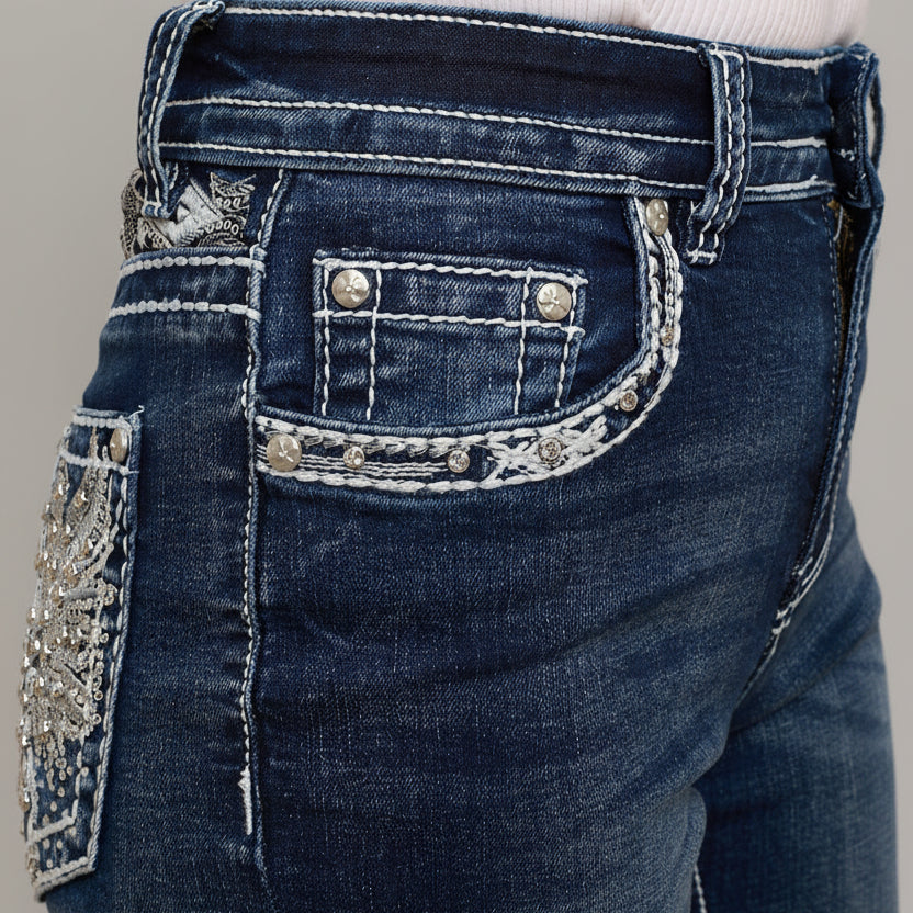 Skull Rider Women’s Music Note & Electric Guitar Bling Jeans. High Waisted Bootcut Western Denim - Boutique of Leathers/Open Road