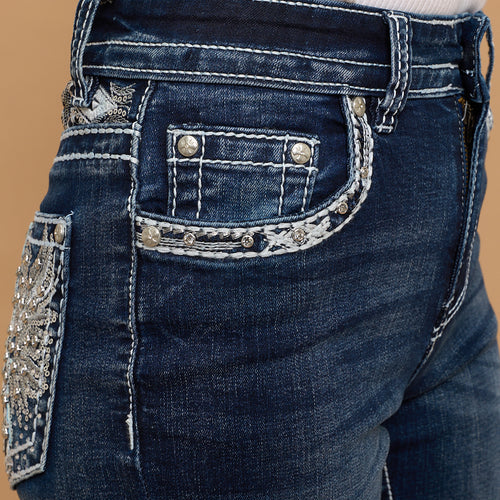 Skull Rider Women’s Music Note & Electric Guitar Bling Jeans. High Waisted Bootcut Western Denim