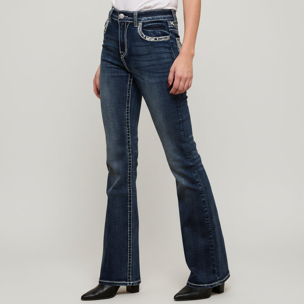 Skull Rider Women’s Music Note & Electric Guitar Bling Jeans. High Waisted Bootcut Western Denim - Boutique of Leathers/Open Road