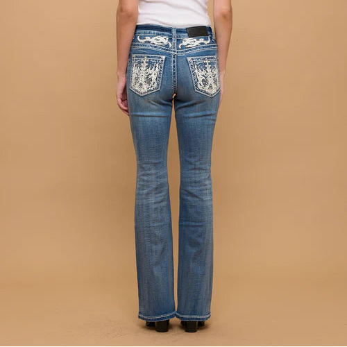 Skull Rider Women's Bootcut Bling Jeans. High Waisted Embroidered Western Denim
