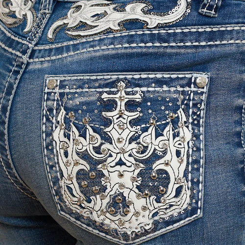 Skull Rider Women's Bootcut Bling Jeans. High Waisted Embroidered Western Denim