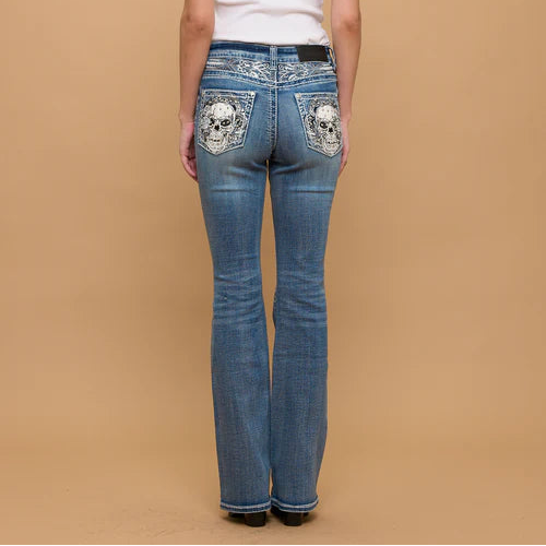 Skull Rider Women’s Skull & Rose Embroidered Bling Jeans. High Waisted Bootcut