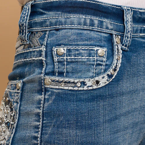 Skull Rider Women’s Skull & Rose Embroidered Bling Jeans. High Waisted Bootcut