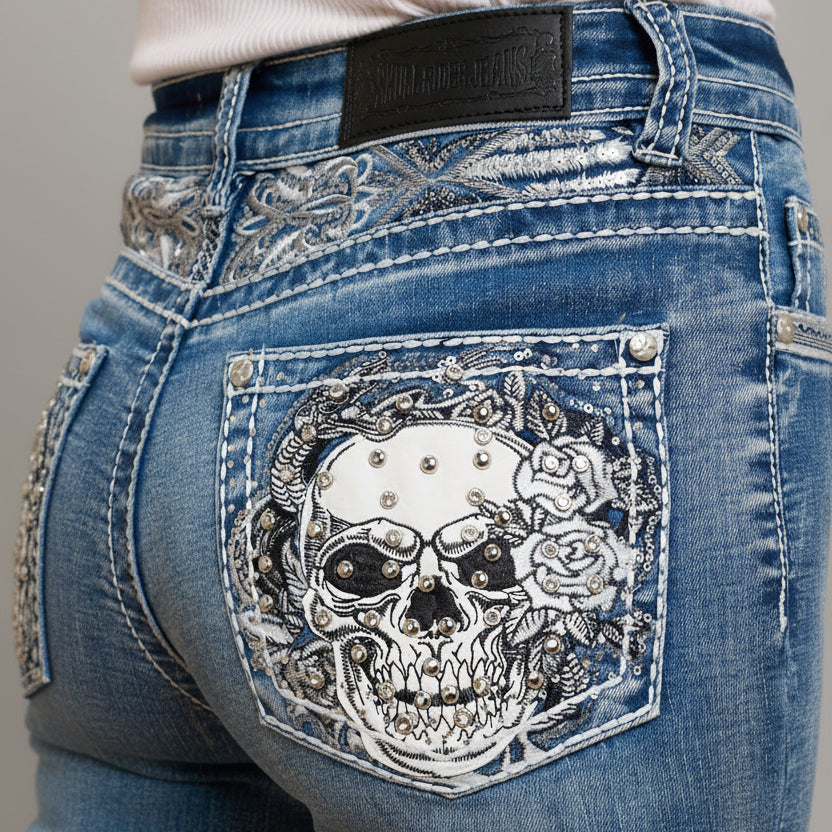 Skull Rider Women’s Skull & Rose Embroidered Bling Jeans. High Waisted Bootcut - Boutique of Leathers/Open Road