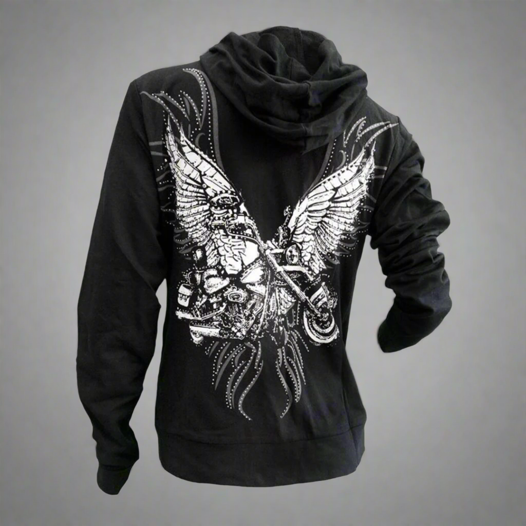 Women's Rhinestone Motorcycle Wing Hoodie - Boutique of Leathers/Open Road