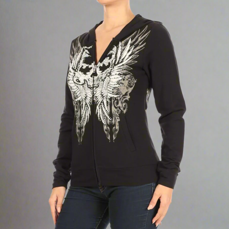 Women's Rhinestone Skull Wing Hoodie - Boutique of Leathers/Open Road