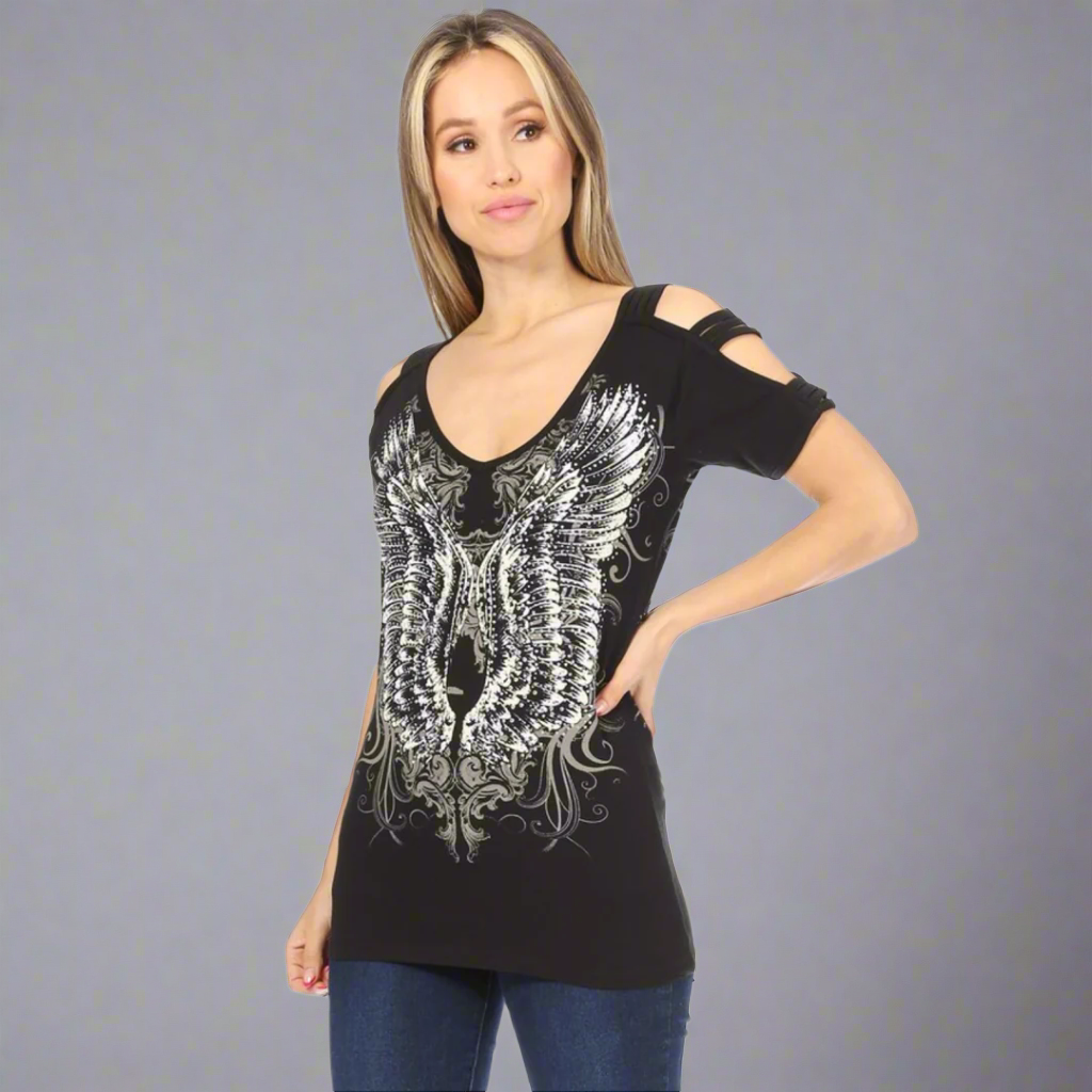 Women's Rhinestone Angel Wing Tank Top - Boutique of Leathers/Open Road