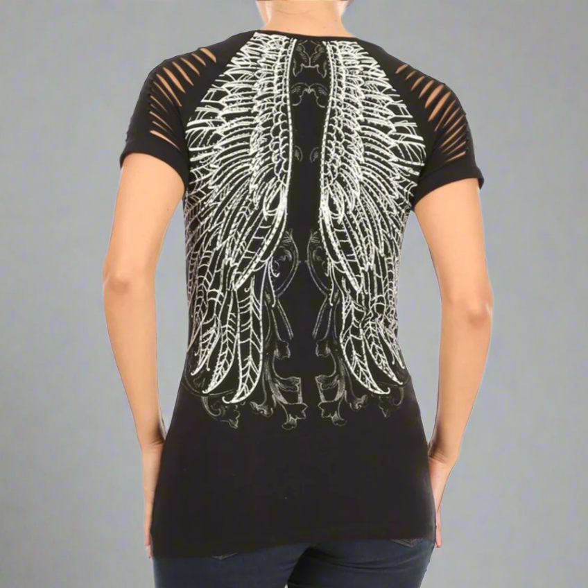 Women's Rhinestone Angel Wing Raglan Top - Boutique of Leathers/Open Road