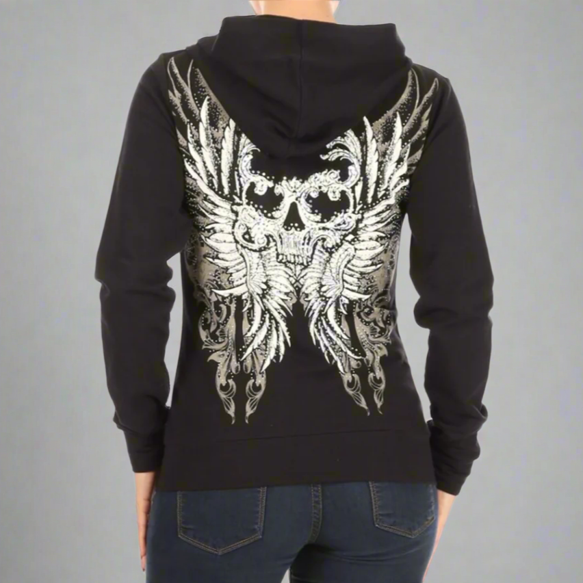 Women's Rhinestone Skull Wing Hoodie - Boutique of Leathers/Open Road