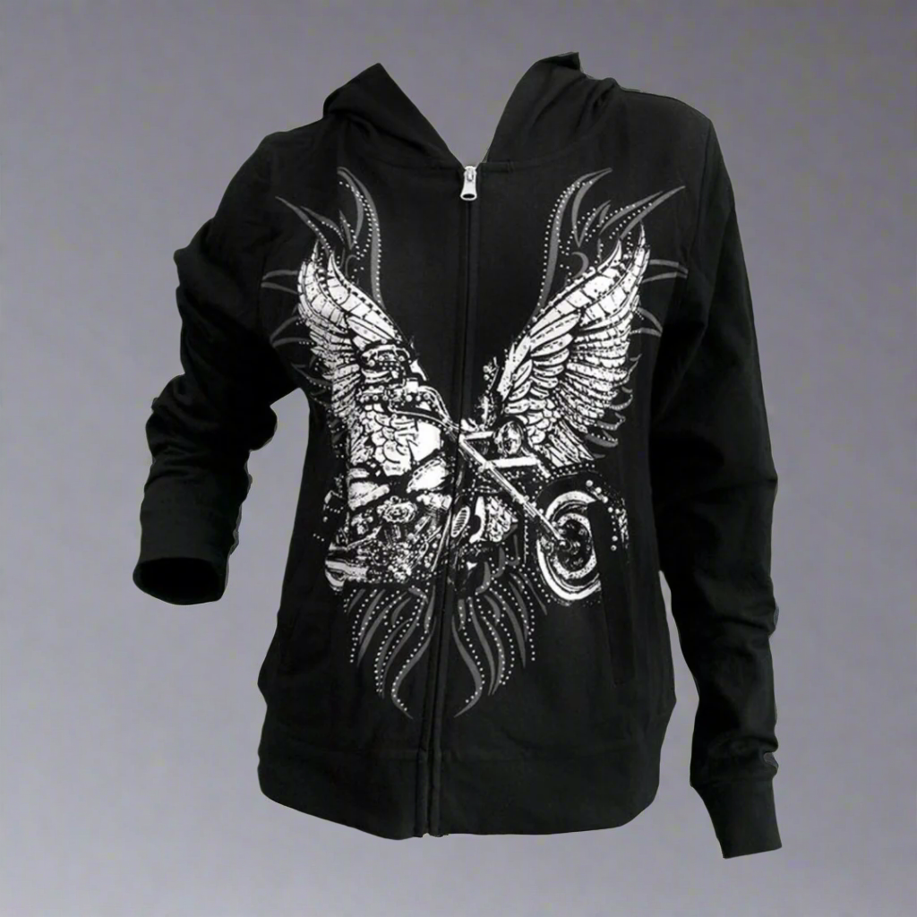 Women's Rhinestone Motorcycle Wing Hoodie - Boutique of Leathers/Open Road