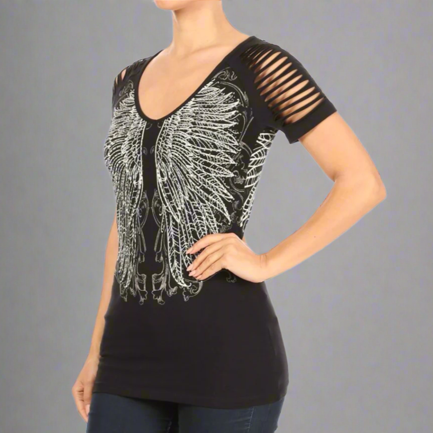 Women's Rhinestone Angel Wing Raglan Top - Boutique of Leathers/Open Road