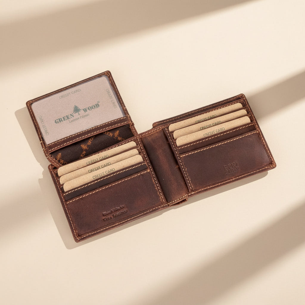 Greenwood Men's Leather Bifold Wallet. Premium RFID Protection Wallet with Flip Compartment