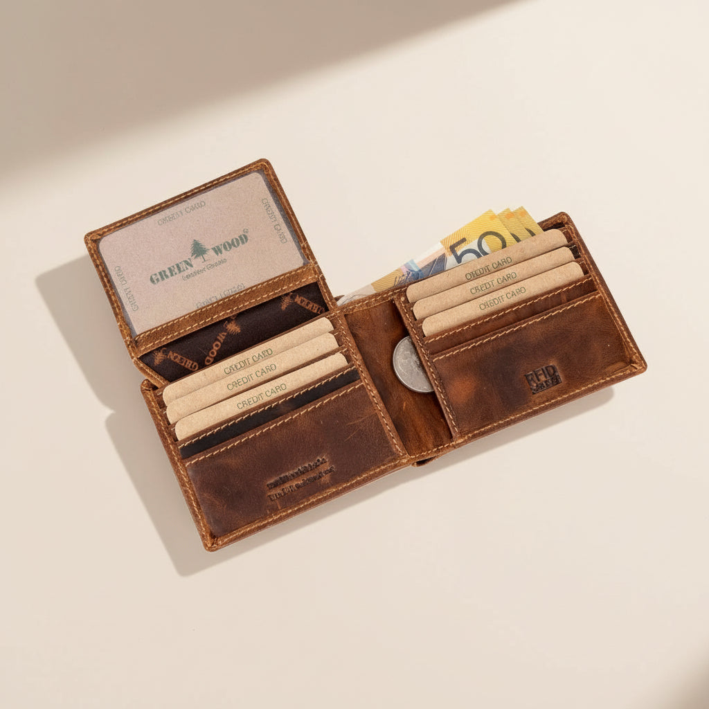 Greenwood Men's Leather Bifold Wallet. Premium RFID Protection Wallet with Flip Compartment