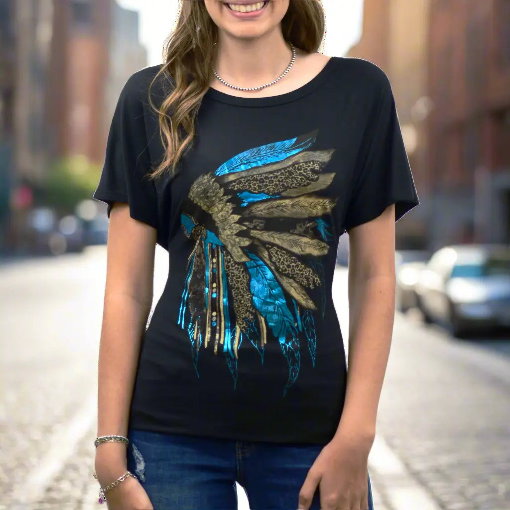 Scoop Neck Tee with Rhinestone-Embellished Headdress Design Women's Shirts & Tees Boutique of Leathers/Open Road