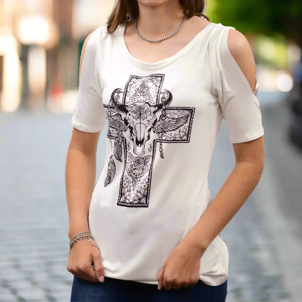 Scoop Neck Tee with Steer Head, Cross, and Feather Details Women's Shirts & Tees Boutique of Leathers/Open Road