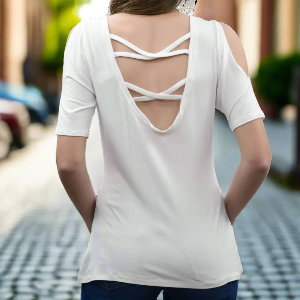 Scoop Neck Tee with Steer Head, Cross, and Feather Details Women's Shirts & Tees Boutique of Leathers/Open Road