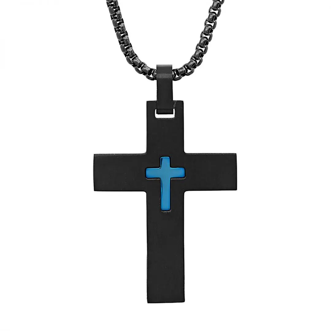SteelTime Men's Black and Blue IP Stainless Steel Cross Men's Jewelry Boutique of Leathers/Open Road